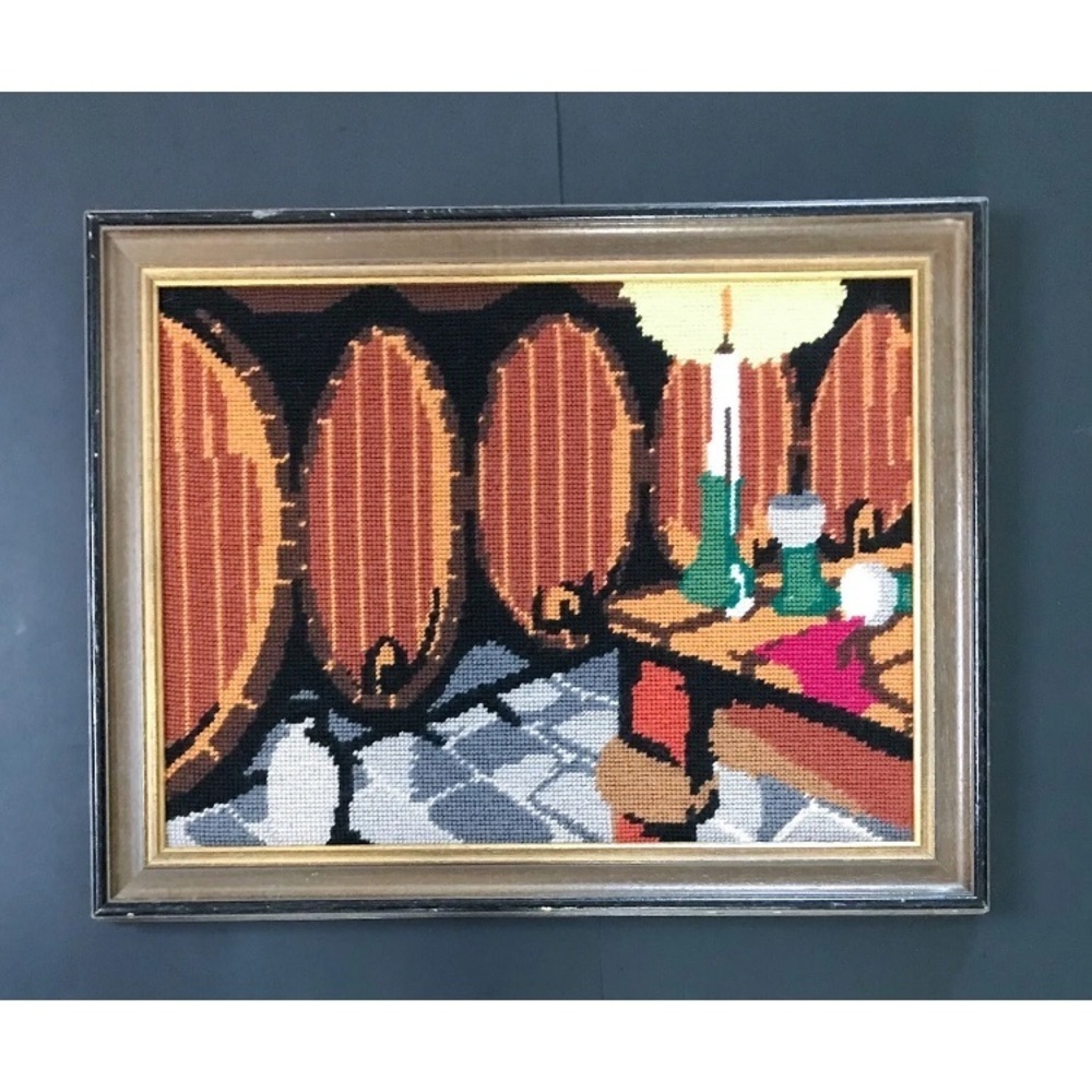German Framed Finished Needlepoint Wine Cellar Barrels Kegs Art Needlework